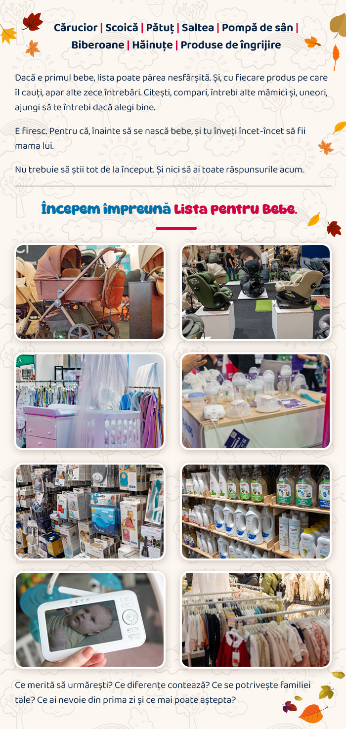 Lista pentru bebe: cărucior, scoică, pătuț, saltea, pompă de sân, biberoane, hăinuțe, produse de îngrijire