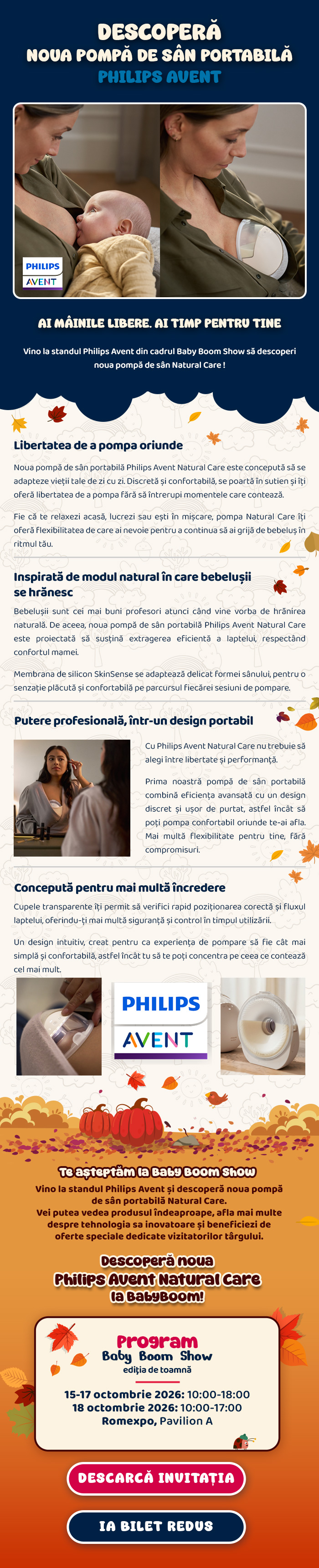 Pompa de sân portabilă Philips Avent Natural Care · Baby Boom Show, 15-18 octombrie 2026, Romexpo Pavilion A