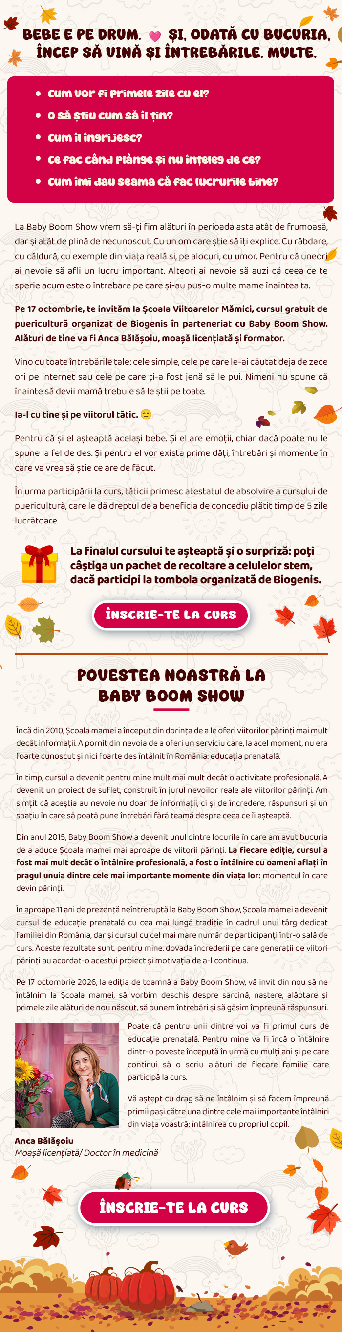 Şcoala Viitoarelor Mămici · curs gratuit de puericultură · Baby Boom Show, 17 octombrie 2026