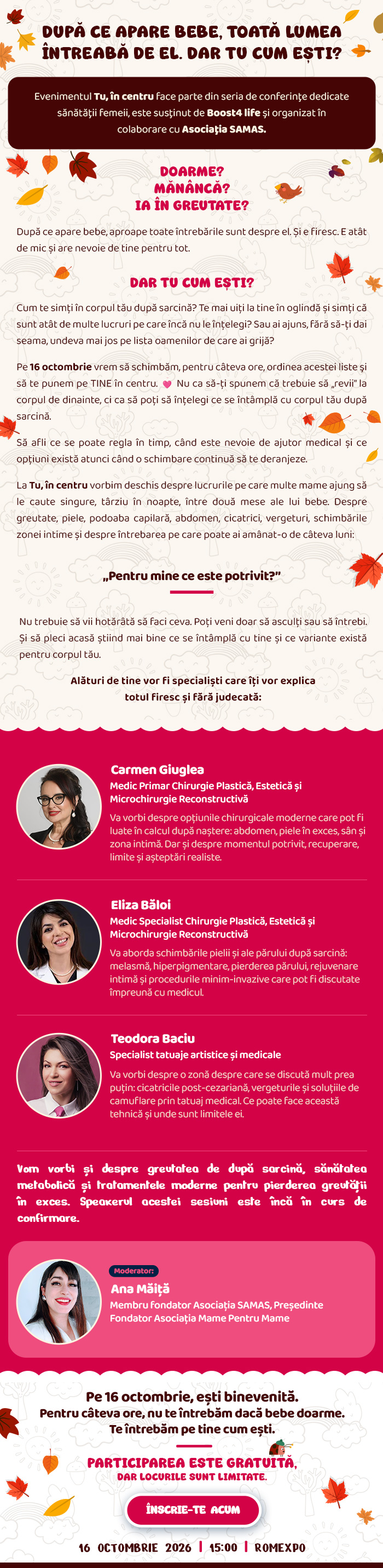 Tu, în centru · eveniment dedicat sănătății femeii după naștere · 16 octombrie 2026, ora 15:00, ROMEXPO