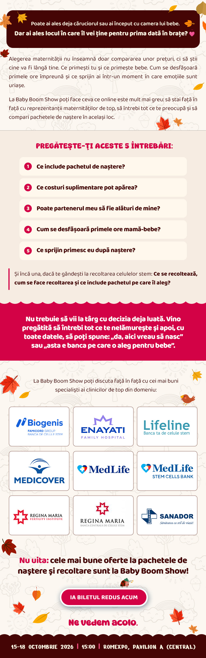 Pachete de naștere și recoltare celule stem · compară maternitățile la Baby Boom Show · 15-18 octombrie 2026, ROMEXPO Pavilion A