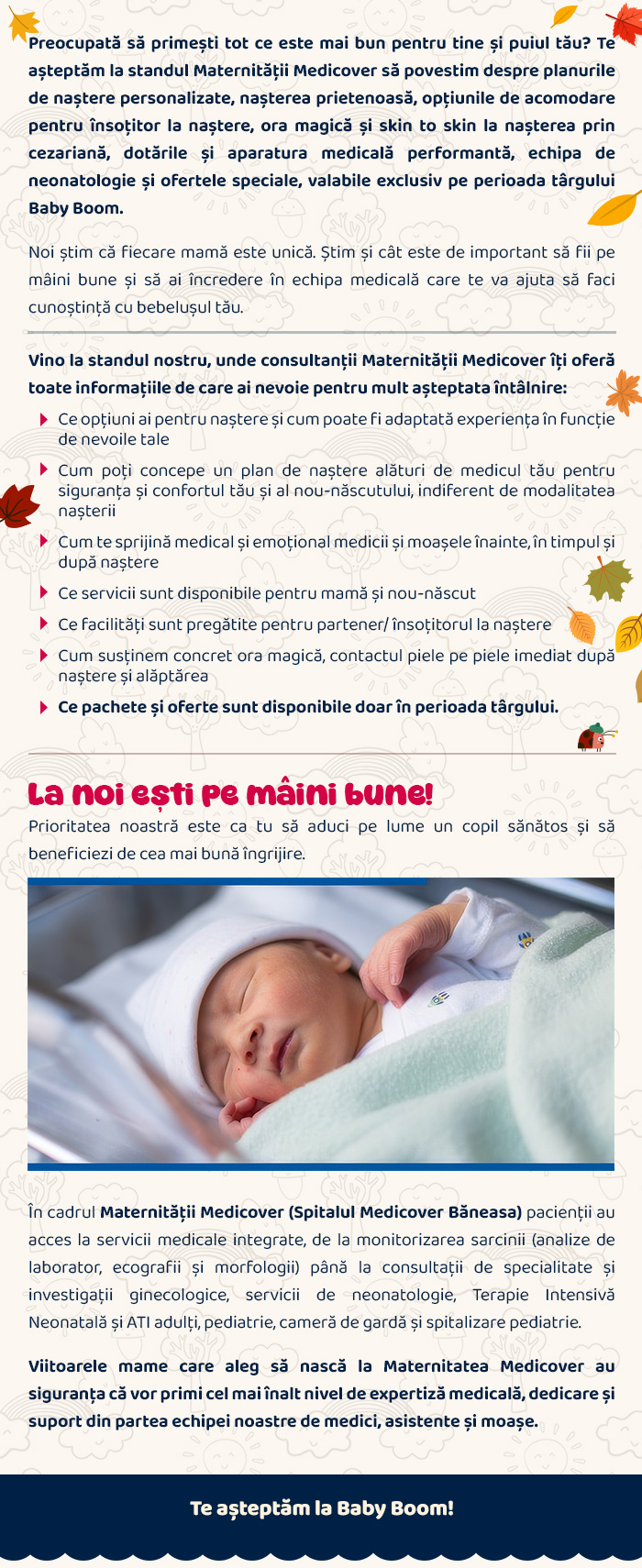 Maternitatea Medicover · planuri de naștere personalizate, ora magică, echipă de neonatologie · La noi ești pe mâini bune