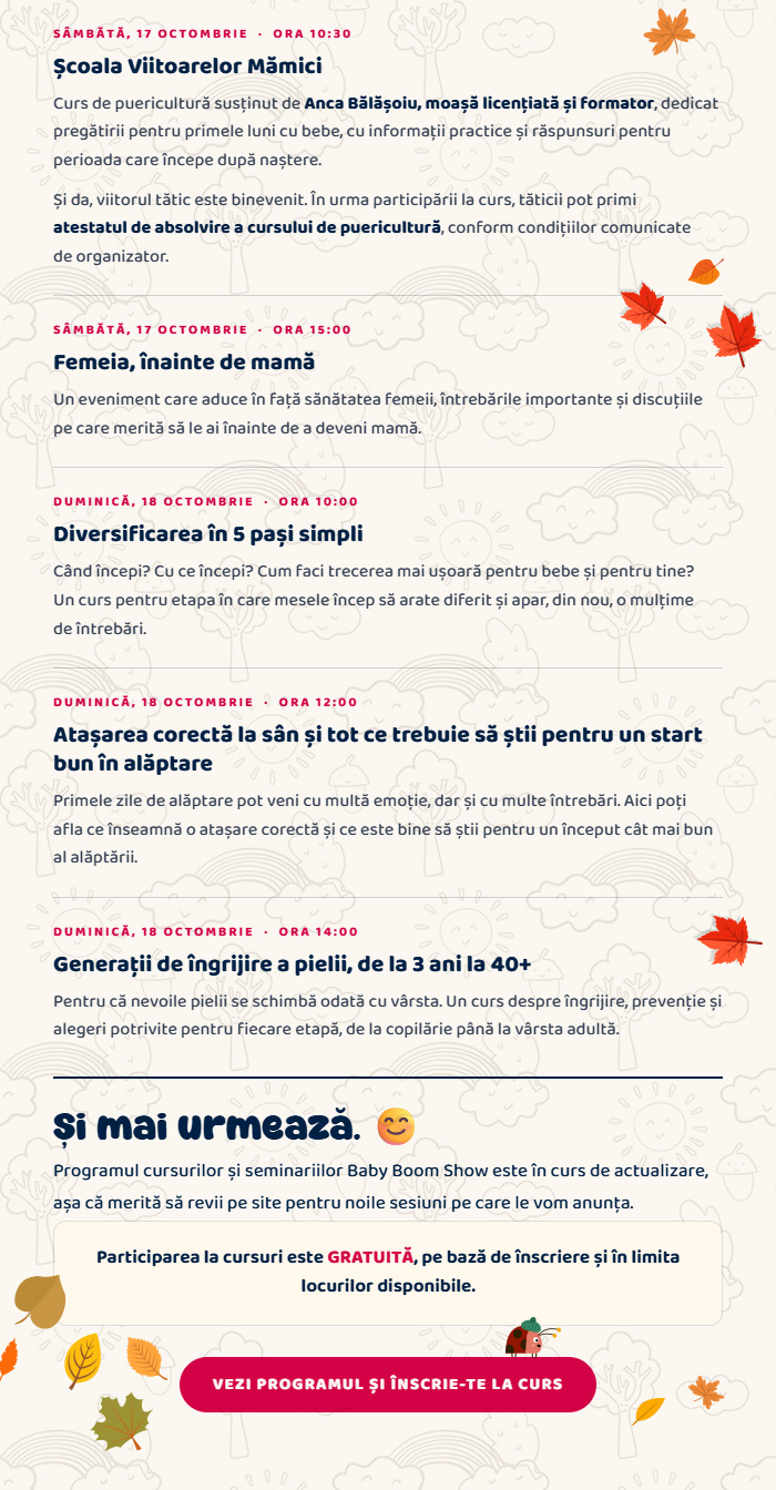 Din program: sâmbătă 17 și duminică 18 octombrie · Participarea la cursuri este gratuită · Vezi programul și înscrie-te la curs