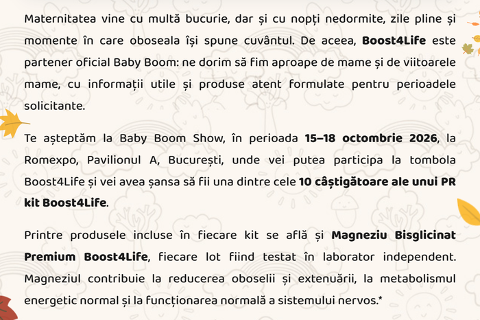 Boost4Life, partener oficial Baby Boom · tombolă cu 10 câștigătoare ale unui PR kit Boost4Life · 15-18 octombrie 2026, Romexpo Pavilion A