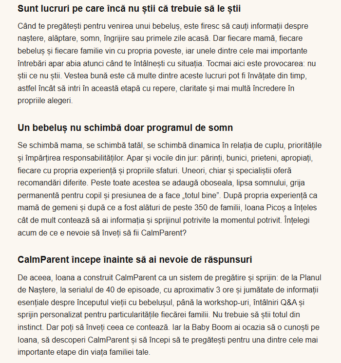 Sunt lucruri pe care încă nu știi că trebuie să le știi. Un bebeluș nu schimbă doar programul de somn. CalmParent începe înainte să ai nevoie de răspunsuri.