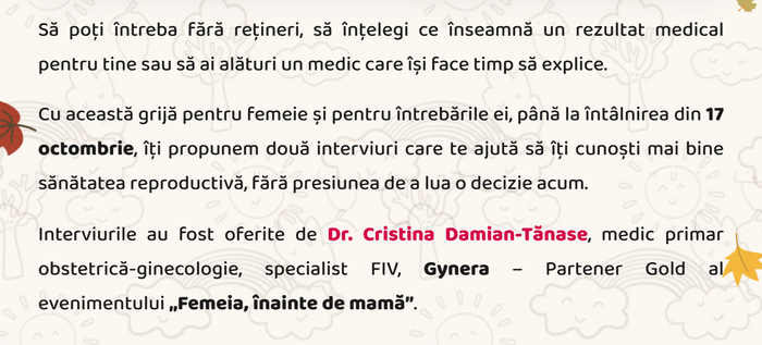 Să poți întreba fără rețineri și să înțelegi ce înseamnă un rezultat medical pentru tine: două interviuri cu Dr. Cristina Damian-Tănase, medic primar obstetrică-ginecologie, specialist FIV, Gynera – Partener Gold al evenimentului „Femeia, înainte de mamă”