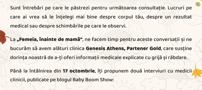 La „Femeia, înainte de mamă” ne facem timp pentru întrebările tale, alături de clinica Genesis Athens, Partener Gold. Până pe 17 octombrie, îți propunem două interviuri cu medicii clinicii.