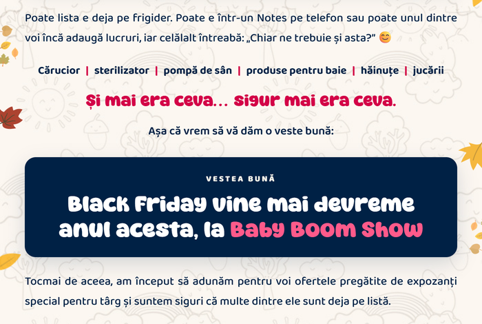 Cărucior, sterilizator, pompă de sân, produse pentru baie, hăinuțe, jucării. Vestea bună: Black Friday vine mai devreme anul acesta, la Baby Boom Show