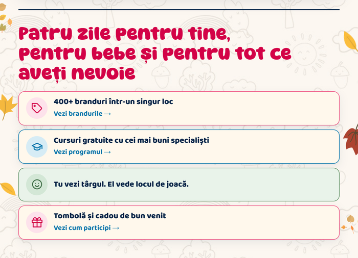 Patru zile pentru tine, pentru bebe și pentru tot ce aveți nevoie: 400+ branduri, cursuri gratuite, loc de joacă, tombolă și cadou de bun venit