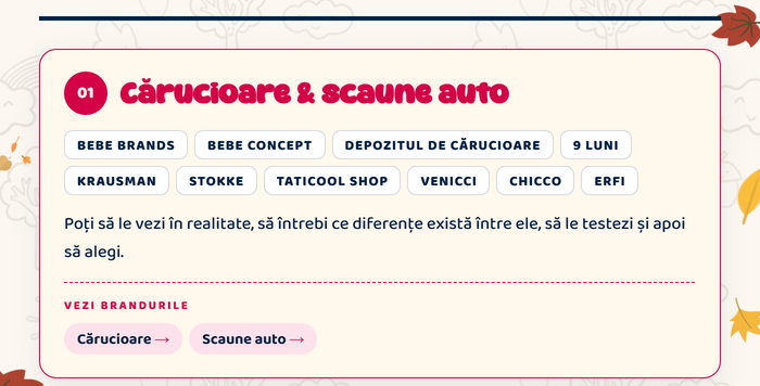 01 Cărucioare și scaune auto · Bebe Brands, Bebe Concept, Depozitul de cărucioare, 9 Luni, Krausman, Stokke, Taticool Shop, Venicci, Chicco · Vezi brandurile: cărucioare, scaune auto
