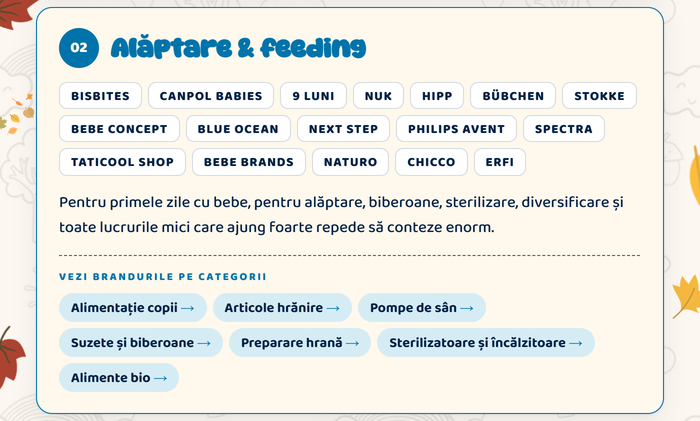 02 Alăptare și feeding · Vezi brandurile pe categorii: alimentație copii, articole hrănire, pompe de sân, suzete și biberoane, preparare hrană, sterilizatoare și încălzitoare, alimente bio