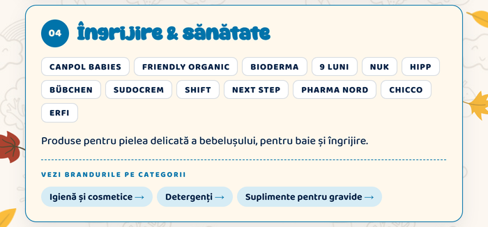 04 Îngrijire și sănătate · Vezi brandurile pe categorii: igienă și cosmetice, detergenți, suplimente pentru gravide