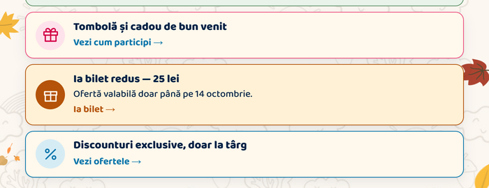 Tu vezi târgul, el vede locul de joacă · Tombolă și cadou de bun venit · Ia bilet redus – 25 lei · Discounturi exclusive, doar la târg