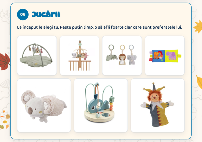 06 Jucării · La început le alegi tu. Peste puțin timp, o să afli foarte clar care sunt preferatele lui.