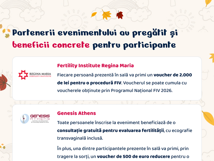 Partenerii evenimentului au pregătit și beneficii concrete pentru participante · Fertility Institute Regina Maria: voucher de 2.000 de lei pentru o procedură FIV · Genesis Athens: consultație gratuită pentru evaluarea fertilității, cu ecografie transvaginală inclusă, și un voucher de 500 de euro reducere prin tragere la sorți