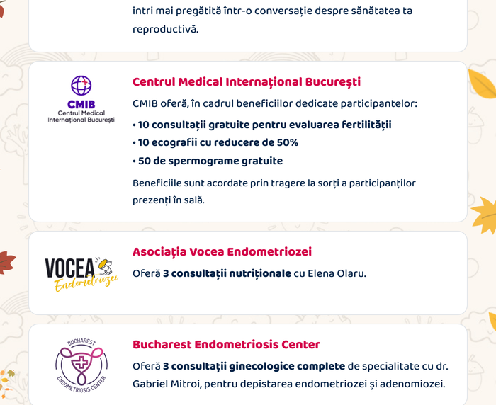 Centrul Medical Internațional București: 10 consultații gratuite pentru evaluarea fertilității, 10 ecografii cu reducere de 50%, 50 de spermograme gratuite · Asociația Vocea Endometriozei: 3 consultații nutriționale · Bucharest Endometriosis Center: 3 consultații ginecologice complete