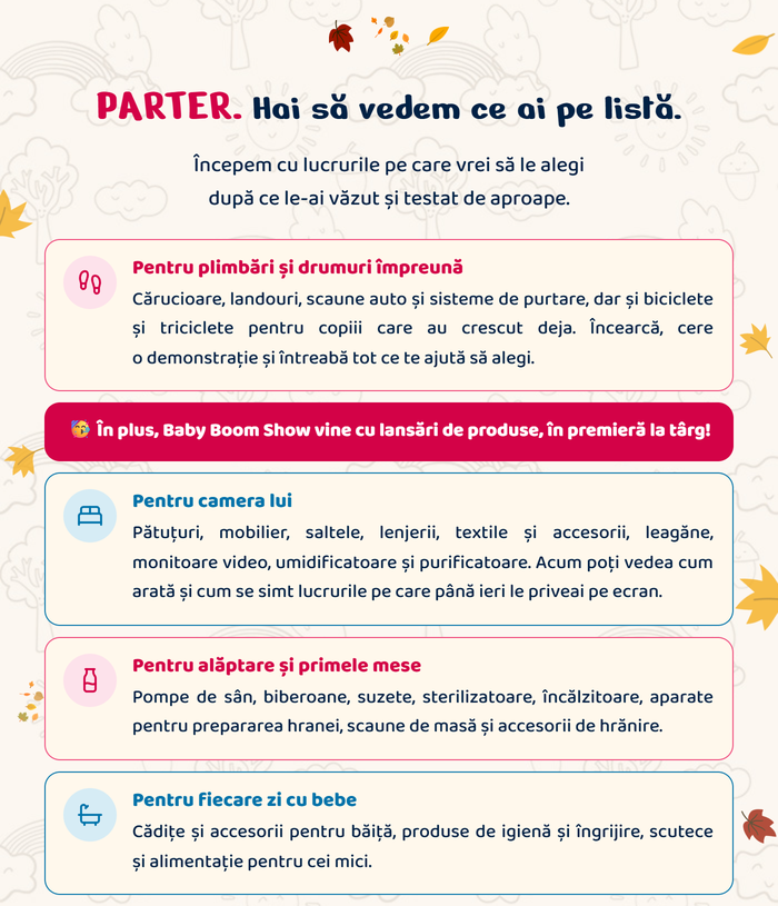 PARTER. Hai să vedem ce ai pe listă. Pentru plimbări și drumuri împreună: cărucioare, landouri, scaune auto și sisteme de purtare, biciclete și triciclete. În plus, Baby Boom Show vine cu lansări de produse, în premieră la târg! Pentru camera lui: pătuțuri, mobilier, saltele, lenjerii, textile, leagăne, monitoare video, umidificatoare și purificatoare. Pentru alăptare și primele mese: pompe de sân, biberoane, suzete, sterilizatoare, încălzitoare, aparate pentru prepararea hranei, scaune de masă. Pentru fiecare zi cu bebe: cădițe, produse de igienă și îngrijire, scutece și alimentație.