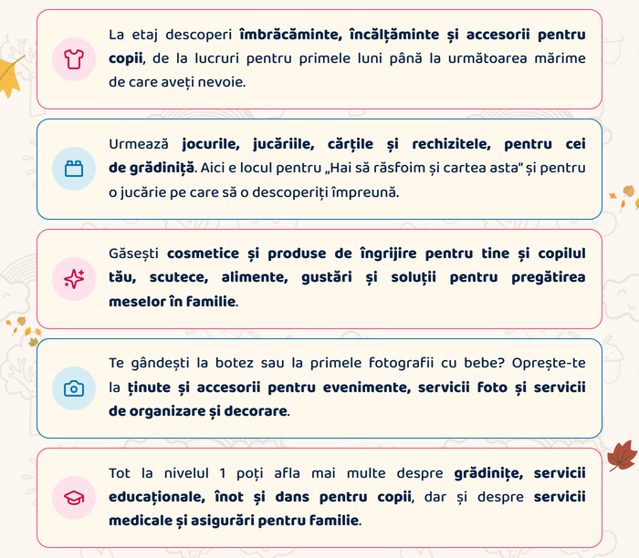 La etaj descoperi îmbrăcăminte, încălțăminte și accesorii pentru copii. Urmează jocurile, jucăriile, cărțile și rechizitele. Găsești cosmetice și produse de îngrijire, scutece, alimente, gustări. Te gândești la botez sau la primele fotografii cu bebe? Oprește-te la ținute și accesorii pentru evenimente, servicii foto și de organizare. Tot la nivelul 1 poți afla mai multe despre grădinițe, servicii educaționale, înot și dans pentru copii, servicii medicale și asigurări pentru familie.