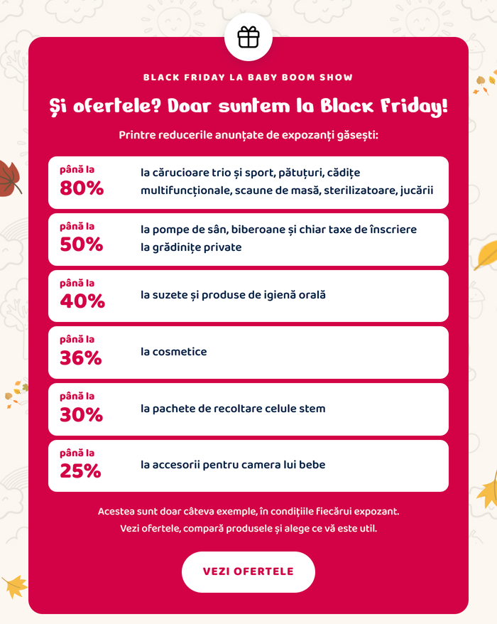 Black Friday la Baby Boom Show. Și ofertele? Doar suntem la Black Friday! Printre reducerile anunțate de expozanți găsești: până la 80% la cărucioare trio și sport, pătuțuri, cădițe multifuncționale, scaune de masă, sterilizatoare, jucării · până la 50% la pompe de sân, biberoane și taxe de înscriere la grădinițe private · până la 40% la suzete și produse de igienă orală · până la 36% la cosmetice · până la 30% la pachete de recoltare celule stem · până la 25% la accesorii pentru camera lui bebe. Acestea sunt doar câteva exemple, în condițiile fiecărui expozant. Vezi ofertele.