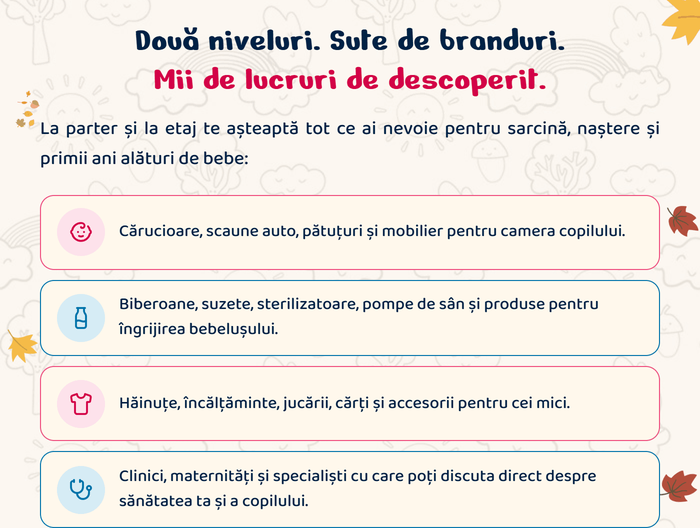 Două niveluri. Sute de branduri. Mii de lucruri de descoperit. La parter și la etaj te așteaptă tot ce ai nevoie pentru sarcină, naștere și primii ani alături de bebe: cărucioare, scaune auto, pătuțuri și mobilier pentru camera copilului · biberoane, suzete, sterilizatoare, pompe de sân și produse pentru îngrijirea bebelușului · hăinuțe, încălțăminte, jucării, cărți și accesorii pentru cei mici · clinici, maternități și specialiști cu care poți discuta direct despre sănătatea ta și a copilului