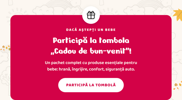 Dacă aștepți un bebe: participă la tombola „Cadou de bun-venit”! Un pachet complet cu produse esențiale pentru bebe: hrană, îngrijire, confort, siguranță auto. Participă la tombolă
