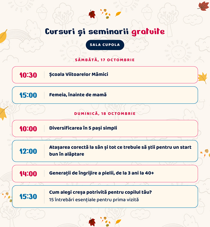 Cursuri și seminarii gratuite, Sala Cupola. Sâmbătă, 17 octombrie: 10:30 Școala Viitoarelor Mămici · 15:00 Femeia, înainte de mamă. Duminică, 18 octombrie: 10:00 Diversificarea în 5 pași simpli · 12:00 Atașarea corectă la sân și tot ce trebuie să știi pentru un start bun în alăptare · 14:00 Generații de îngrijire a pielii, de la 3 ani la 40+ · 15:30 Cum alegi creșa potrivită pentru copilul tău? 15 întrebări esențiale pentru prima vizită