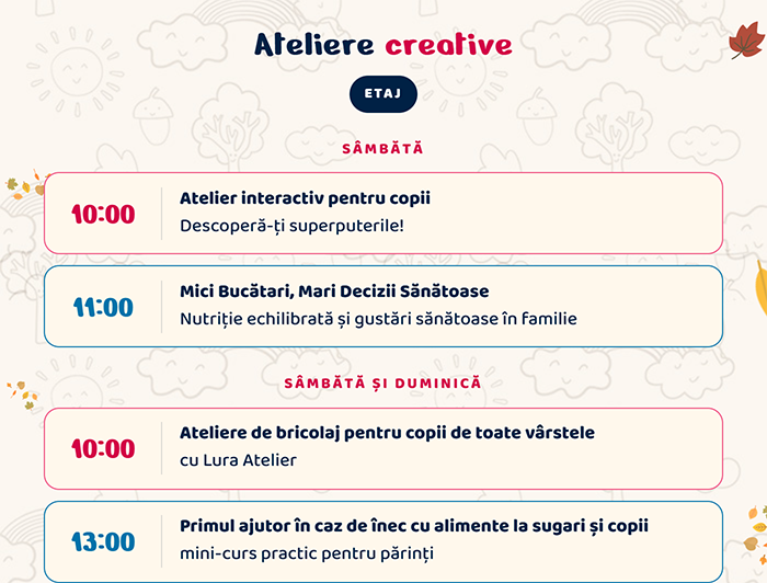 Ateliere creative, la Etaj. Sâmbătă: 10:00 Atelier interactiv pentru copii, Descoperă-ți superputerile! · 11:00 Mici Bucătari, Mari Decizii Sănătoase, nutriție echilibrată și gustări sănătoase în familie. Sâmbătă și duminică: 10:00 Ateliere de bricolaj pentru copii de toate vârstele, cu Lura Atelier · 13:00 Primul ajutor în caz de înec cu alimente la sugari și copii, mini-curs practic pentru părinți