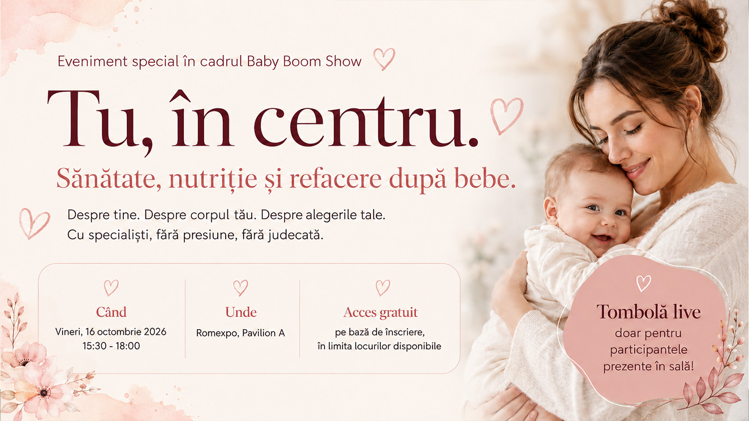 Tu, în centru — eveniment pentru mame despre refacere postpartum, nutriție, energie și întoarcerea la sine, în cadrul Baby Boom Show